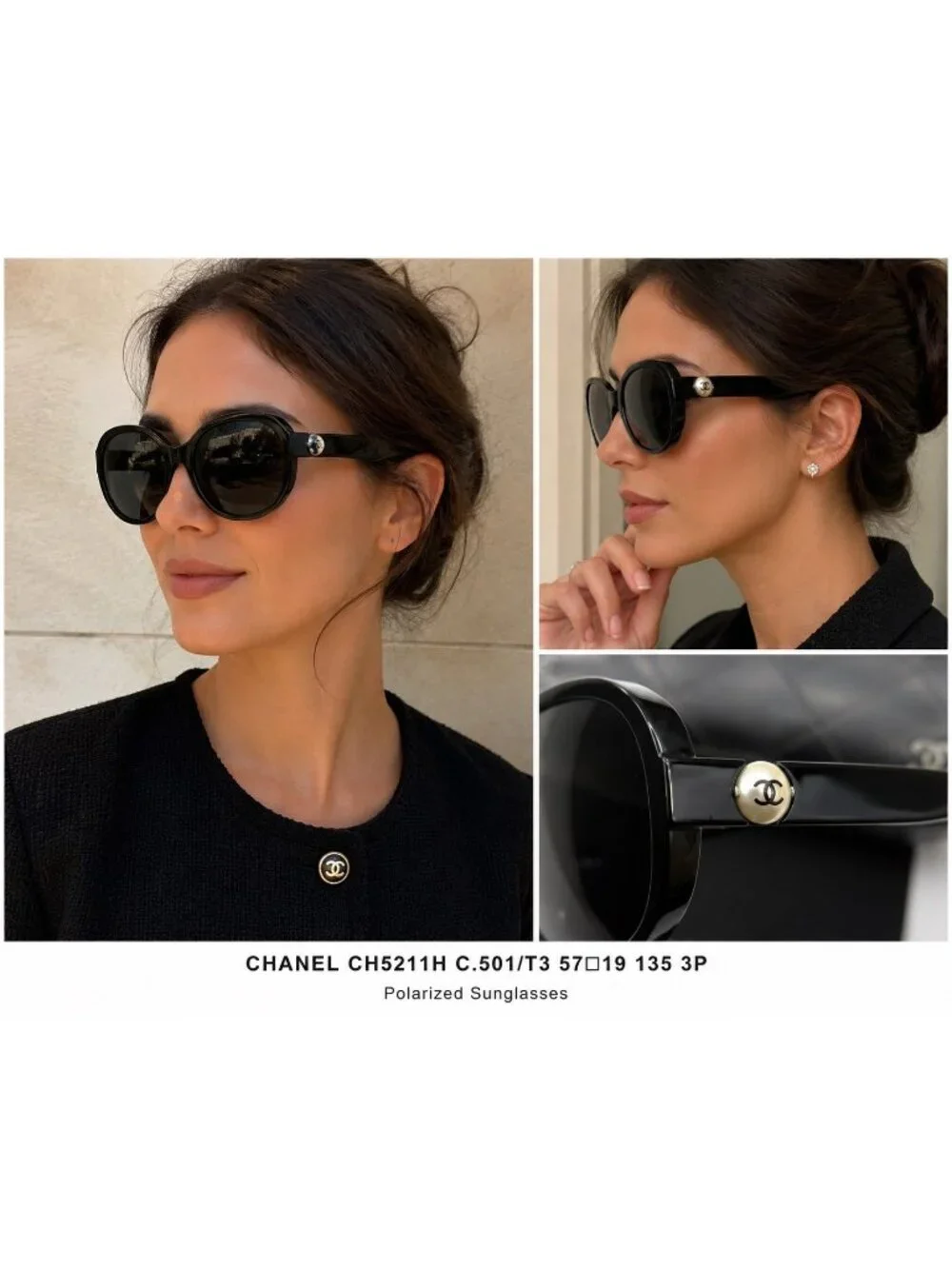 CHANEL CH5211-H Pearl CC Polarized Oversized Black Sunglasses Italy 57mm